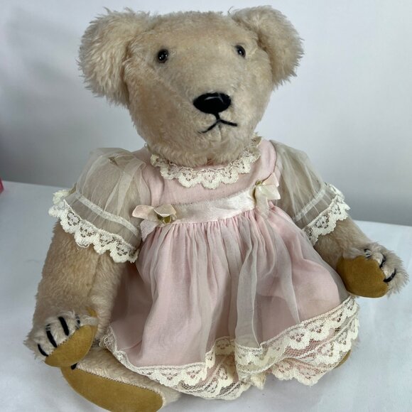 Other - VTG articulated Teddy Bear In Pink Dress With Lace Movable Head Arms Legs Clara